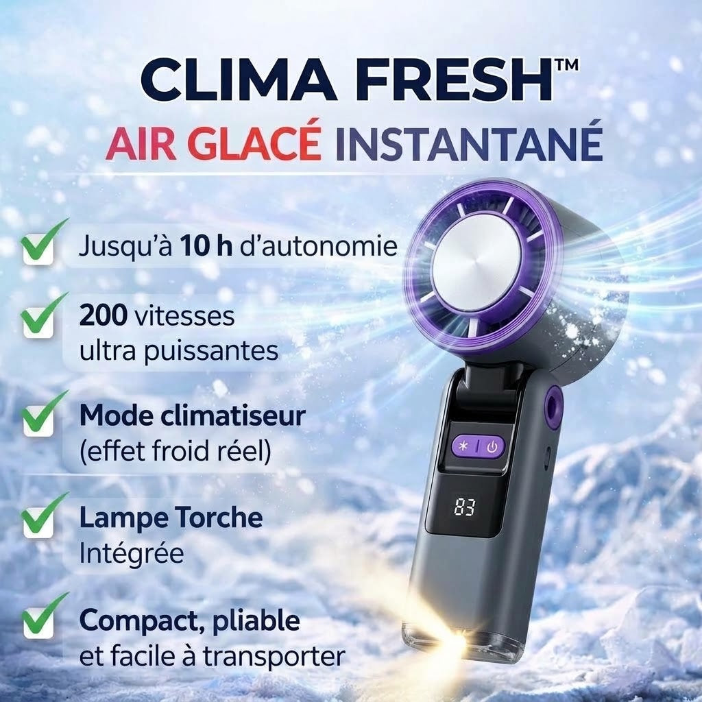 CLIMA FRESH™ : Climatiseur Portable 200 Vitesses avec Effet Glacé & Lampe Torche